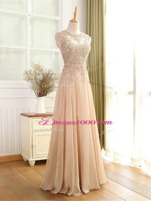 Champagne Chiffon Zipper Scoop Sleeveless Floor Length Prom Party Dress Beading and Appliques