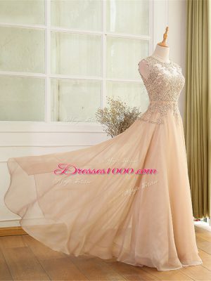 Champagne Chiffon Zipper Scoop Sleeveless Floor Length Prom Party Dress Beading and Appliques