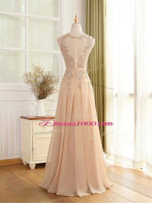 Champagne Chiffon Zipper Scoop Sleeveless Floor Length Prom Party Dress Beading and Appliques