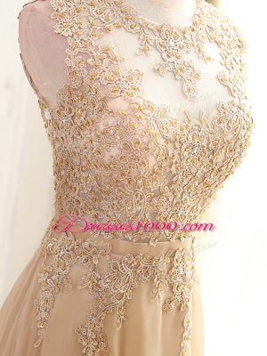 Champagne Chiffon Zipper Scoop Sleeveless Floor Length Prom Party Dress Beading and Appliques