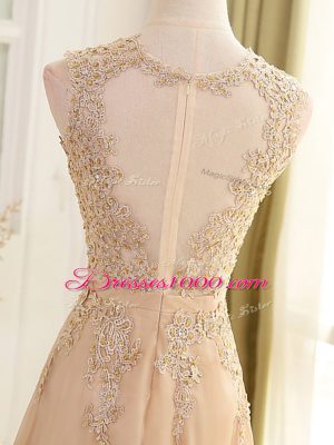 Champagne Chiffon Zipper Scoop Sleeveless Floor Length Prom Party Dress Beading and Appliques