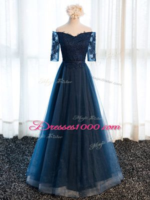 Superior Navy Blue Tulle Lace Up V-neck Half Sleeves Floor Length Mother of the Bride Dress Beading and Lace and Appliques