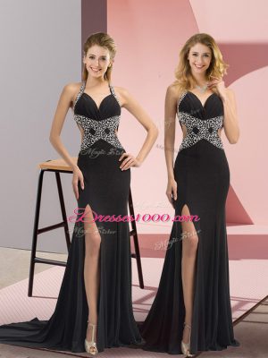 Enchanting Halter Top Sleeveless Prom Gown Sweep Train Beading Black Chiffon