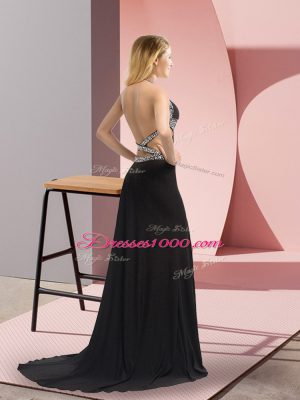 Enchanting Halter Top Sleeveless Prom Gown Sweep Train Beading Black Chiffon