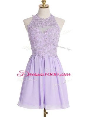 Free and Easy Empire Bridesmaid Dresses Lavender Halter Top Chiffon Sleeveless Knee Length Lace Up