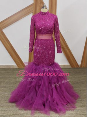 Sophisticated Fuchsia Long Sleeves Tulle Zipper Mother of the Bride Dress for Prom and Party and Military Ball and Sweet 16