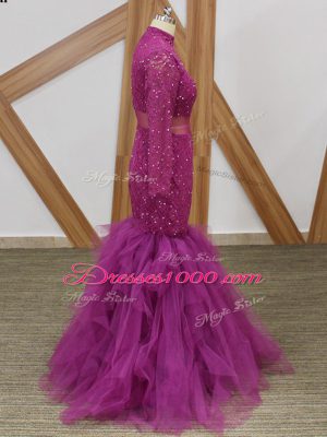 Sophisticated Fuchsia Long Sleeves Tulle Zipper Mother of the Bride Dress for Prom and Party and Military Ball and Sweet 16