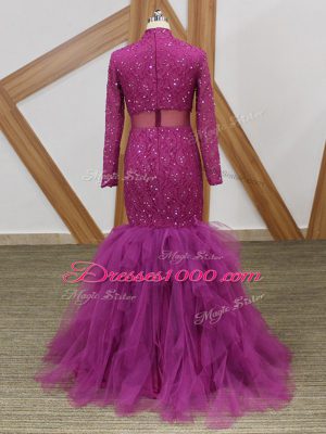 Sophisticated Fuchsia Long Sleeves Tulle Zipper Mother of the Bride Dress for Prom and Party and Military Ball and Sweet 16