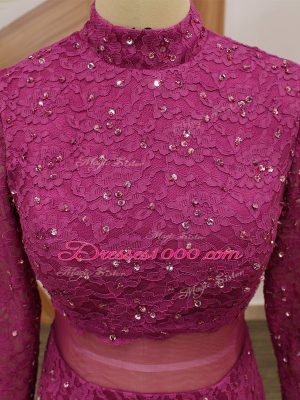 Sophisticated Fuchsia Long Sleeves Tulle Zipper Mother of the Bride Dress for Prom and Party and Military Ball and Sweet 16