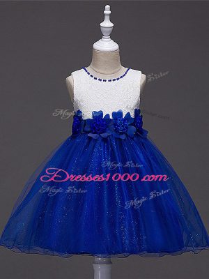 Sleeveless Tulle Knee Length Zipper Party Dresses in Royal Blue with Lace and Hand Made Flower