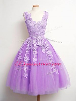 Inexpensive Lavender Sleeveless Tulle Lace Up Quinceanera Dama Dress for Prom and Party and Wedding Party