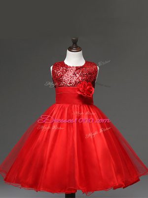 Graceful Sleeveless Tulle Knee Length Zipper Little Girls Pageant Dress Wholesale in Red with Sequins and Hand Made Flower