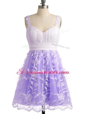 Lavender Sleeveless Knee Length Lace Lace Up Bridesmaid Dress