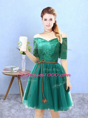 Colorful Knee Length Green Vestidos de Damas Off The Shoulder Half Sleeves Lace Up