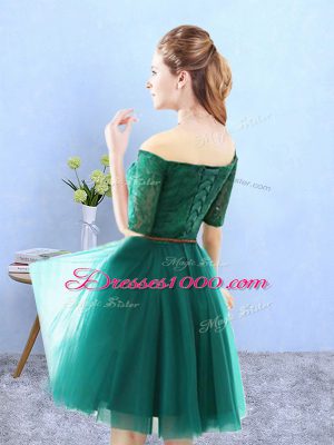 Colorful Knee Length Green Vestidos de Damas Off The Shoulder Half Sleeves Lace Up