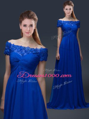 Blue Empire Off The Shoulder Short Sleeves Chiffon Floor Length Lace Up Appliques Mother of Bride Dresses
