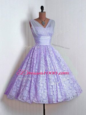 Traditional Lavender A-line Lace Bridesmaid Gown Lace Up Lace Sleeveless Mini Length