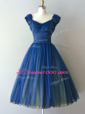 Fancy Blue V-neck Neckline Ruching Dama Dress for Quinceanera Cap Sleeves Lace Up