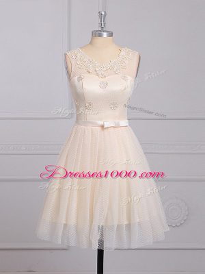 Decent Champagne Scoop Lace Up Appliques and Belt Quinceanera Dama Dress Sleeveless