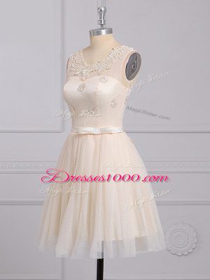 Decent Champagne Scoop Lace Up Appliques and Belt Quinceanera Dama Dress Sleeveless