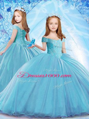 Great Off The Shoulder Sleeveless Quince Ball Gowns Sweep Train Beading Baby Blue Organza