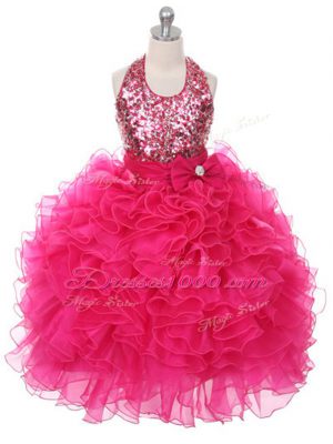 Ball Gowns Kids Formal Wear Hot Pink Scoop Organza Sleeveless Floor Length Lace Up