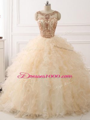 Amazing Sweep Train Ball Gowns Quince Ball Gowns Champagne Scoop Organza Sleeveless Lace Up