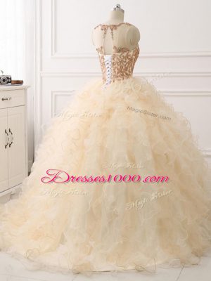 Amazing Sweep Train Ball Gowns Quince Ball Gowns Champagne Scoop Organza Sleeveless Lace Up