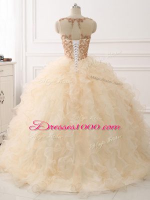 Amazing Sweep Train Ball Gowns Quince Ball Gowns Champagne Scoop Organza Sleeveless Lace Up