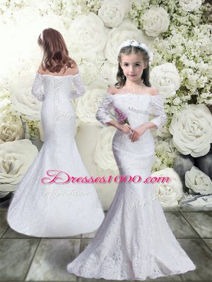 Beautiful White Mermaid Off The Shoulder 3 4 Length Sleeve Lace Floor Length Lace Up Lace Toddler Flower Girl Dress