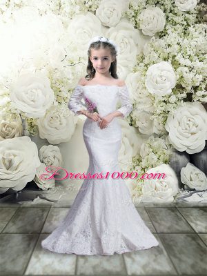 Beautiful White Mermaid Off The Shoulder 3 4 Length Sleeve Lace Floor Length Lace Up Lace Toddler Flower Girl Dress