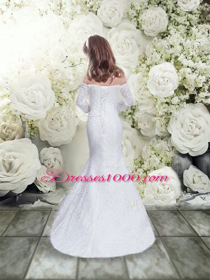 Beautiful White Mermaid Off The Shoulder 3 4 Length Sleeve Lace Floor Length Lace Up Lace Toddler Flower Girl Dress