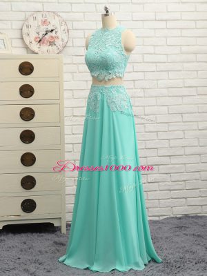 Apple Green Chiffon Side Zipper High-neck Sleeveless Mini Length Dress Like A Star Lace and Appliques