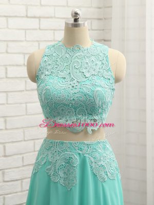 Apple Green Chiffon Side Zipper High-neck Sleeveless Mini Length Dress Like A Star Lace and Appliques