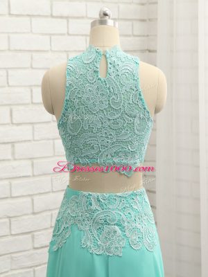 Apple Green Chiffon Side Zipper High-neck Sleeveless Mini Length Dress Like A Star Lace and Appliques