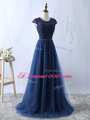 Fine Short Sleeves Lace and Appliques Zipper Prom Gown