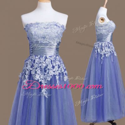 Suitable Lavender Sleeveless Tea Length Appliques Lace Up Wedding Guest Dresses