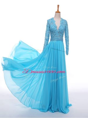 Designer Baby Blue Chiffon Zipper Evening Dresses Long Sleeves Floor Length Lace and Appliques
