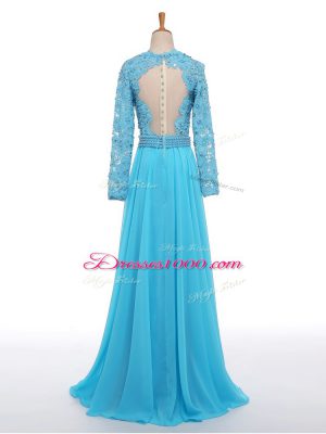 Designer Baby Blue Chiffon Zipper Evening Dresses Long Sleeves Floor Length Lace and Appliques