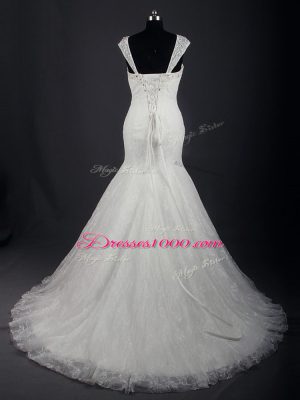 Noble White Straps Neckline Lace Wedding Dresses Sleeveless Lace Up