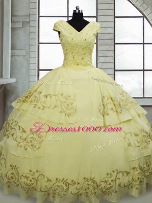 Beading and Embroidery 15 Quinceanera Dress Light Yellow Lace Up Cap Sleeves Brush Train