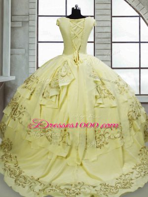 Beading and Embroidery 15 Quinceanera Dress Light Yellow Lace Up Cap Sleeves Brush Train