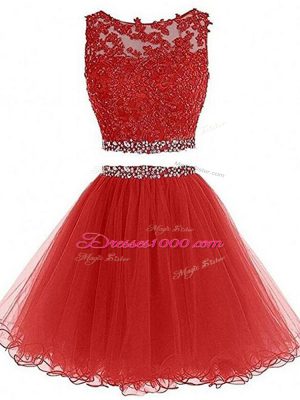 Red Tulle Zipper Prom Dresses Sleeveless Mini Length Beading