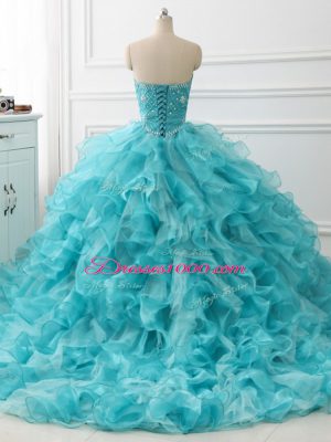 Customized Aqua Blue Sweetheart Lace Up Beading and Ruffles Quinceanera Gowns Brush Train Sleeveless