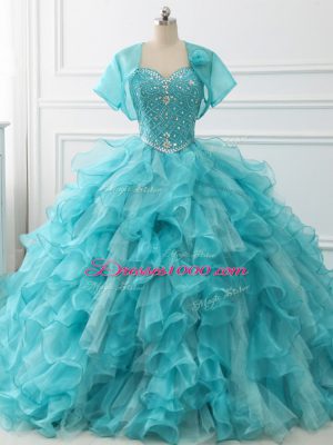 Customized Aqua Blue Sweetheart Lace Up Beading and Ruffles Quinceanera Gowns Brush Train Sleeveless