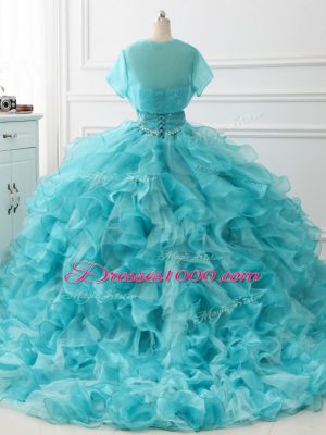 Customized Aqua Blue Sweetheart Lace Up Beading and Ruffles Quinceanera Gowns Brush Train Sleeveless