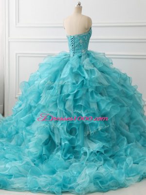 Customized Aqua Blue Sweetheart Lace Up Beading and Ruffles Quinceanera Gowns Brush Train Sleeveless