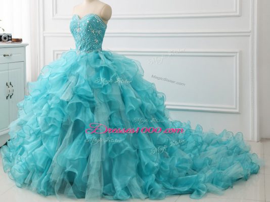 Customized Aqua Blue Sweetheart Lace Up Beading and Ruffles Quinceanera Gowns Brush Train Sleeveless