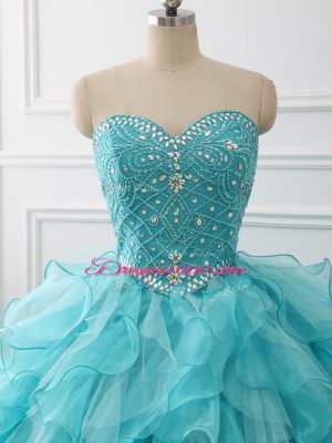 Customized Aqua Blue Sweetheart Lace Up Beading and Ruffles Quinceanera Gowns Brush Train Sleeveless