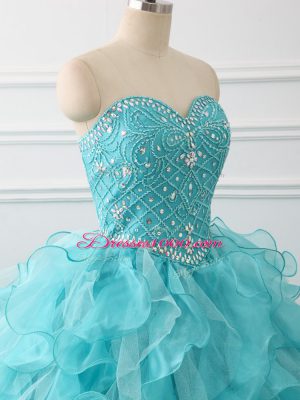 Customized Aqua Blue Sweetheart Lace Up Beading and Ruffles Quinceanera Gowns Brush Train Sleeveless